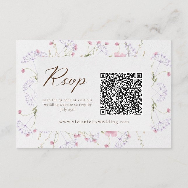 Elegante Cream Wildblume QR Code RSVP Card Begleitkarte (Vorderseite)