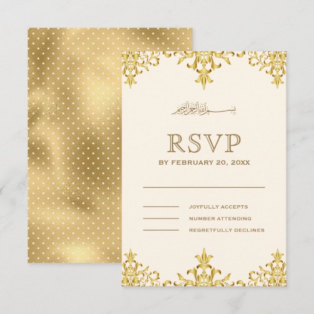 Elegante Creme and Gold Foil Damask Islamische Hoc RSVP Karte (Vorne/Hinten)