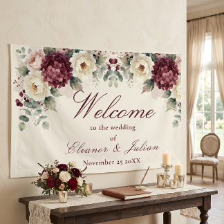 Elegante Creme-Bordeaux-Eukalyptus-Hochzeitsbegrüß Banner