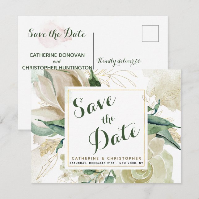 Elegante Creme Floral Save the Date Hochzeit Ankündigungspostkarte (Vorne/Hinten)