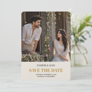 Elegante Creme-Gold-Foto-Hochzeit-Save-The-Date-Ka Dankeskarte