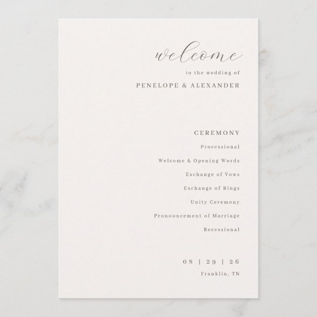 Elegante Creme-Hochzeitszeremonie Programm (Vorderseite)