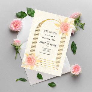 Elegante Creme-Rosen im goldenen Rahmen Luxus-Hoch Save The Date