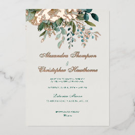 Elegante Creme Türkis Florale Roségold Wasserfarbe Folieneinladung