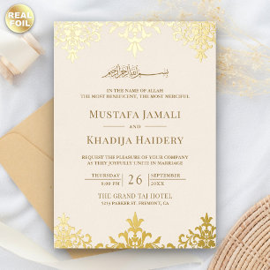 Elegante Creme- und Gold-Damaskus-Hochzeit im isla Folieneinladung
