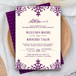 Elegante Creme und Lila Damaske Islamische Hochzei Einladung<br><div class="desc">Erleben Sie Ihre Gäste mit diesem eleganten Hochzeitsempfang mit einem schönen,  faszinierenden Damast-Design auf cremefarbenem Hintergrund. Fügen Sie einfach Ihre Veranstaltungsdetails zu dieser einfach zu bedienenden Vorlage hinzu,  um sie zu einer einmaligen Einladung zu machen. Dreh die Karte auf,  um ein elegantes Punktmuster auf der Kartenrückseite zu erkennen.</div>