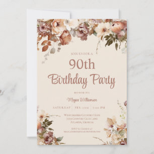 Elegante Creme und Pink 90. Floral Geburtstag Einladung