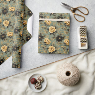 Elegante Creme- und schwarze Rosen auf Salbeigrün Geschenkpapier
