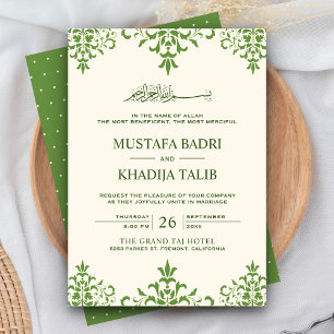 Elegante cremefarbene und grüne Damast islamische Einladung