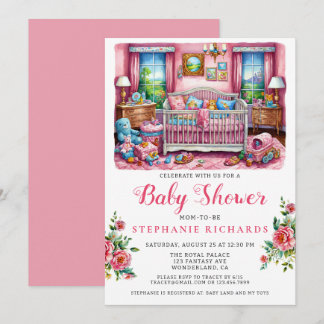 Elegante Crib Pink Nursery Room Babydusche Einladung