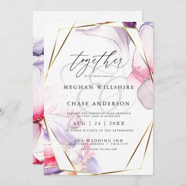 Elegante Crimson Pink und Lilac Fluid Watercolor Einladung (Vorne/Hinten)