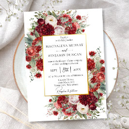 Elegante Crimson Red Florals Gold Frame Wedding Einladung