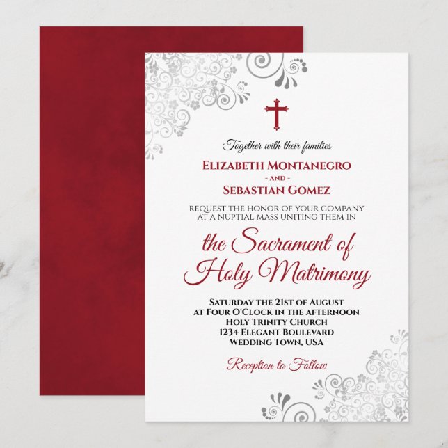 Elegante Crimson Red & Gray Moderne katholische Ho Einladung (Vorne/Hinten)
