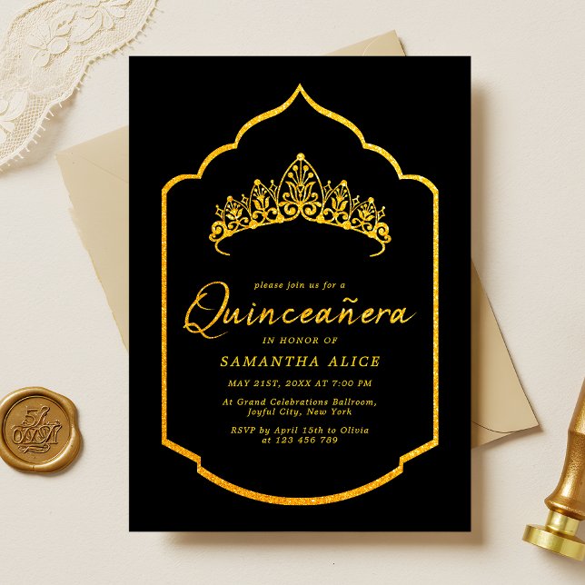 Elegante Crown Black and Gold Quinceanera Einladung (Von Creator hochgeladen)