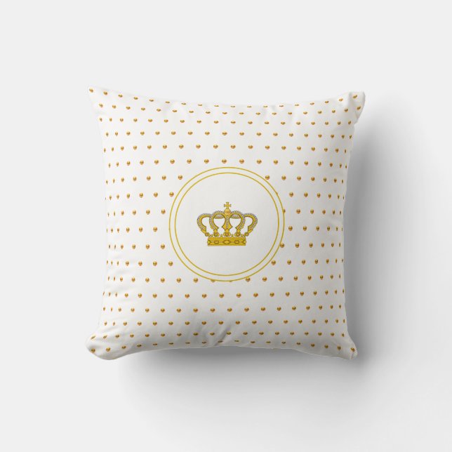 Elegante Crown & Small Gold Polka Punkte auf Weiß Kissen (Vorderseite)