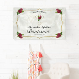 Elegante Cruz Dorada Rosas Rojas Niñas Bautismo Banner