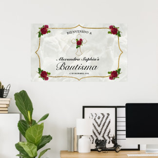 Elegante Cruz Dorada Rosas Rojas Niñas Bautismo Poster