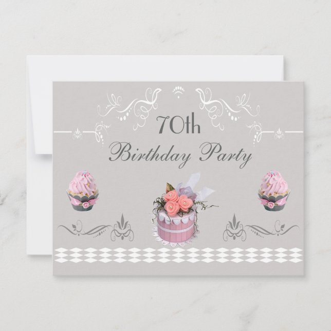 Elegante Cupcakes Pink & Gray 70. Geburtstag Einladung (Vorderseite)