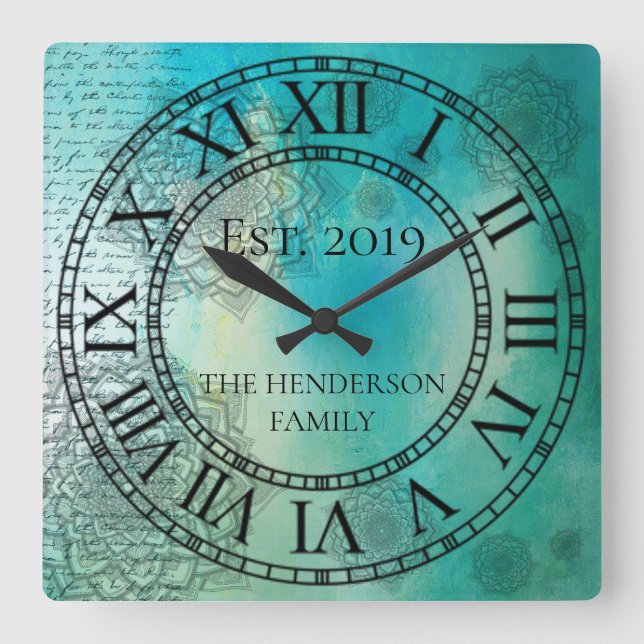 Elegante Custom Aquamarin Blue Mandela Quadratische Wanduhr (Vorderseite)