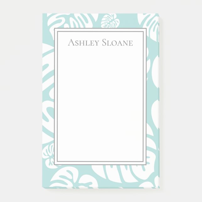 Elegante Custom Baby Blue White Tropical Blätter Post-it Klebezettel (Vorderseite)