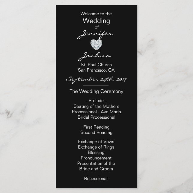 Elegante Custom Black Heart Wedding Programme (Vorderseite)