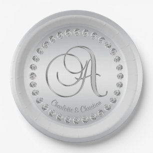 Elegante Custom Diamond Silver Monogram Wedding Pappteller