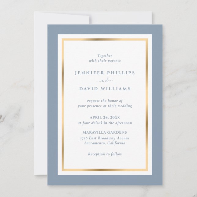 Elegante Custom Dusty Blue and Gold Wedding Einladung (Vorderseite)
