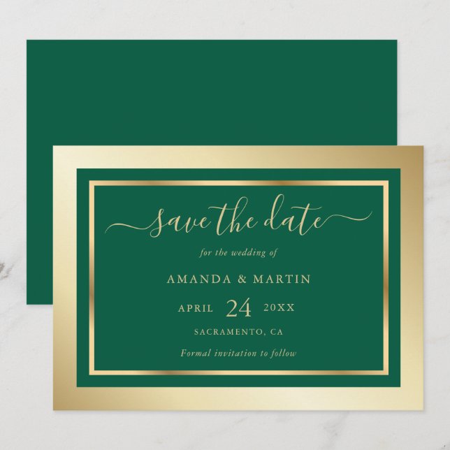 Elegante Custom Emerald Green und Gold Wedding Save The Date (Vorne/Hinten)
