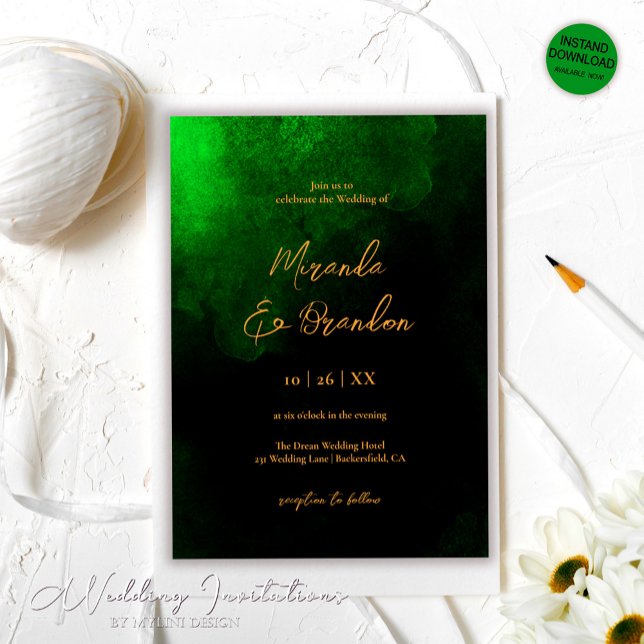 Elegante Custom Gold Emerald Green Wedding Einladung (Von Creator hochgeladen)