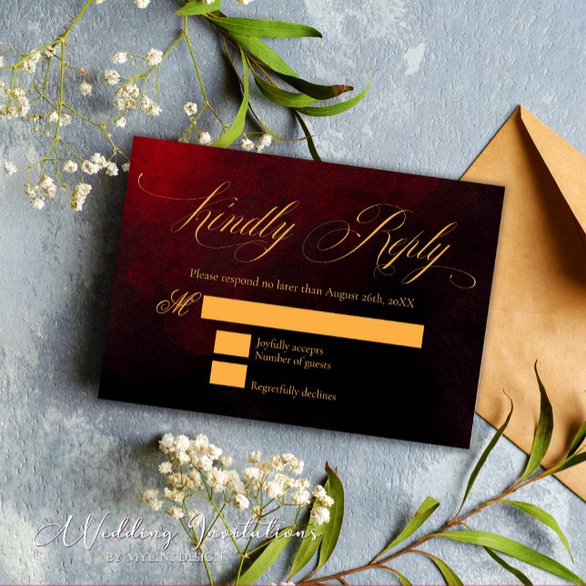 Elegante Custom Gold Red and Black Wedding RSVP Karte (Von Creator hochgeladen)