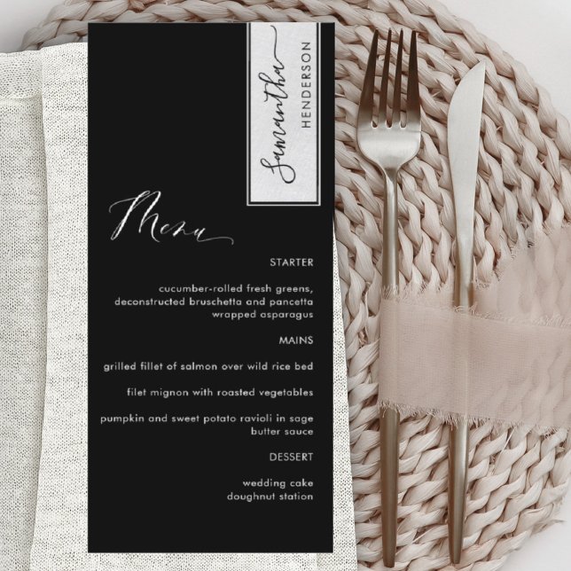 Elegante Custom mit Gast Name Black and White Menükarte (Von Creator hochgeladen)