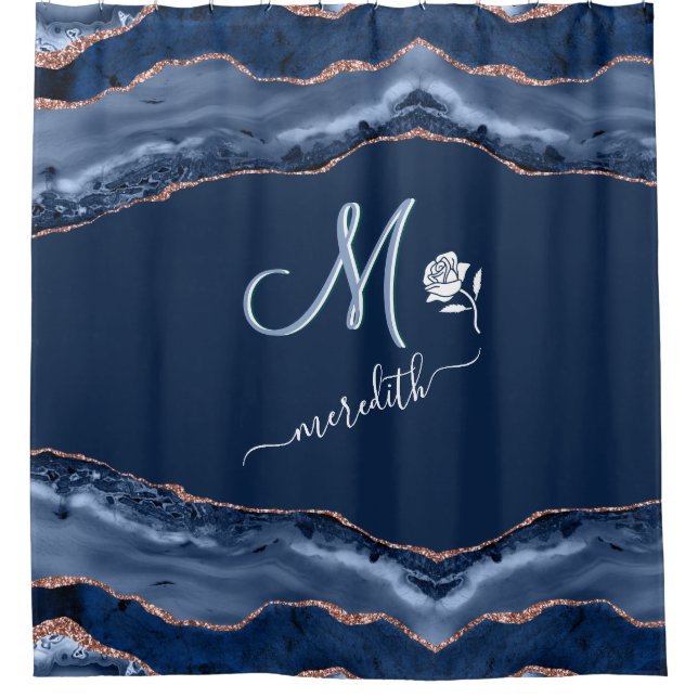 Elegante Custom Monogram Blue Gold Agate Duschvorhang (Vorderseite)