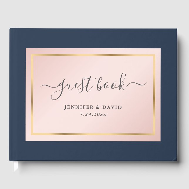 Elegante Custom Navy Blue Blush and Gold Wedding Gästebuch (Vorderseite)