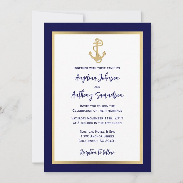 Elegante Custom Navy Blue Gold Nautical Wedding Einladung (Vorderseite)