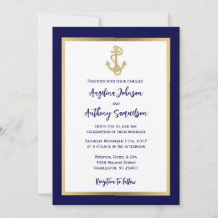 Elegante Custom Navy Blue Gold Nautical Wedding Einladung