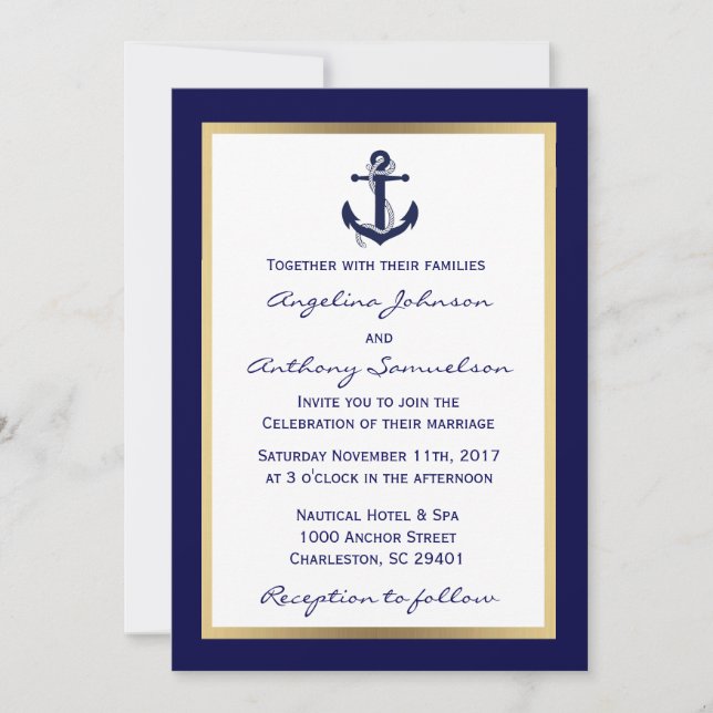 Elegante Custom Navy Blue Nautical Wedding Einladu Einladung (Vorderseite)