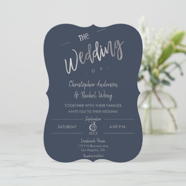 Elegante Custom Navy einfaches Skript Silver Weddi Einladung (Stehend Vorderseite)