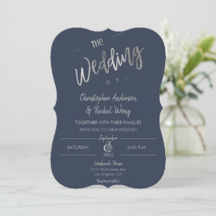 Elegante Custom Navy einfaches Skript Silver Weddi Einladung