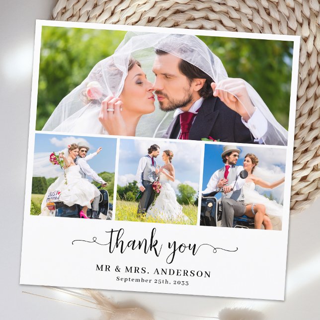 Elegante Custom Newlyweds 4 Foto Collage Wedding Dankeskarte (Von Creator hochgeladen)