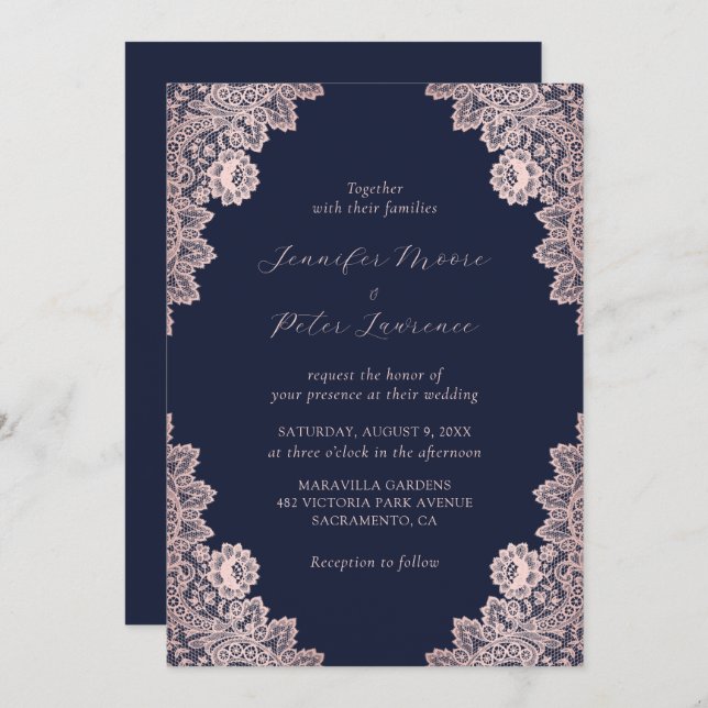 Elegante Custom Rose Gold und Navy Blue Wedding Einladung (Vorne/Hinten)