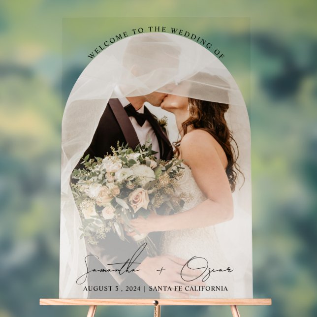 Elegante Custom Wedding Foto Arch Willkommen Acrylschild (Neutral)