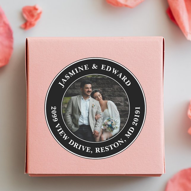 Elegante Custom Wedding Foto Rücksendeadresse Runder Aufkleber (Von Creator hochgeladen)