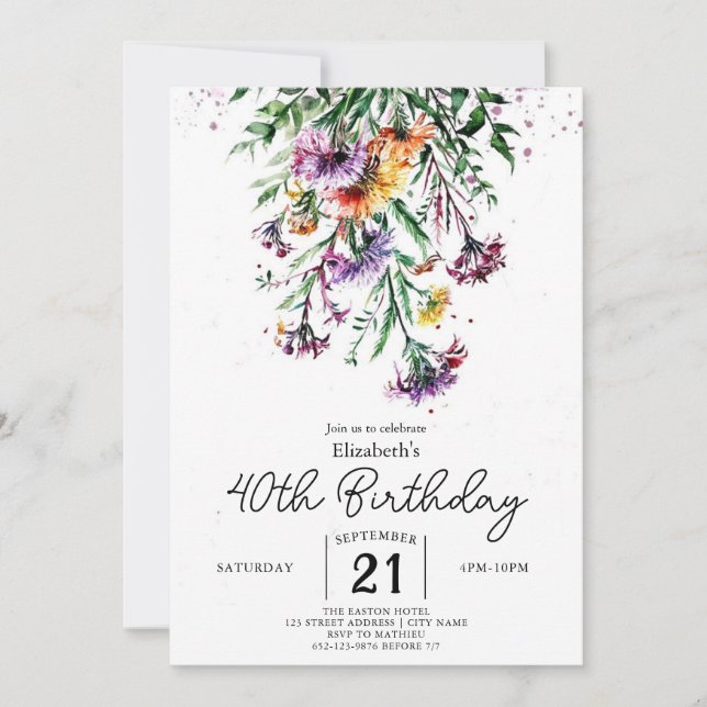 Elegante Custom Wildblumen 40. Geburtstag Einladung (Vorderseite)