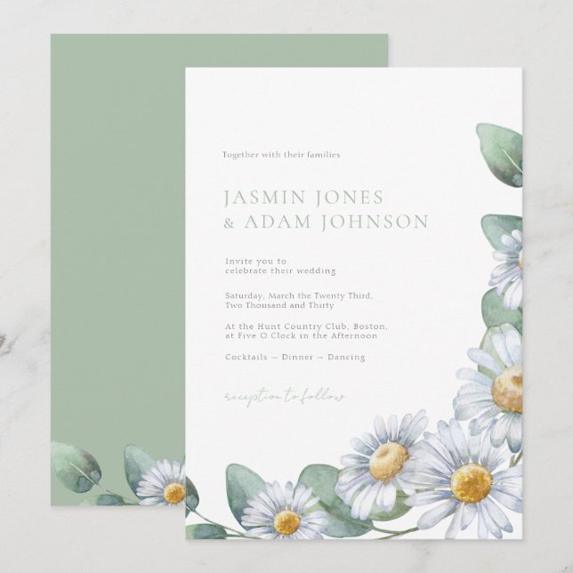 Elegante Daisy-Eukalyptus-Monogramm-Hochzeit Einladung (Vorne/Hinten)