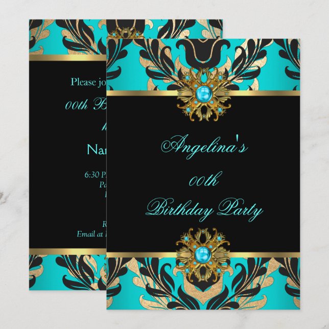Elegante Damask Aquamarin Blue Gold Black Birthday Einladung (Vorne/Hinten)