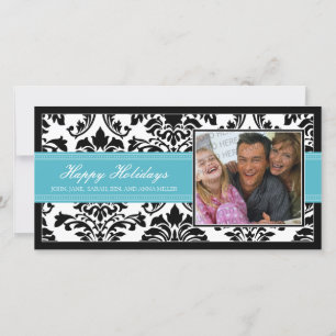 Elegante Damask Black & Aqua Custom Happy Holidays Feiertagskarte