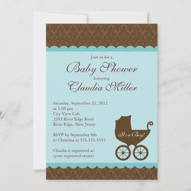 Elegante Damask Carriage Boy Baby Shower Einladung (Vorderseite)