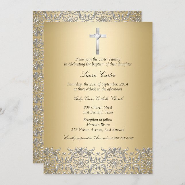 Elegante Damask Cross Gold Taufen/Christening Einladung (Vorne/Hinten)