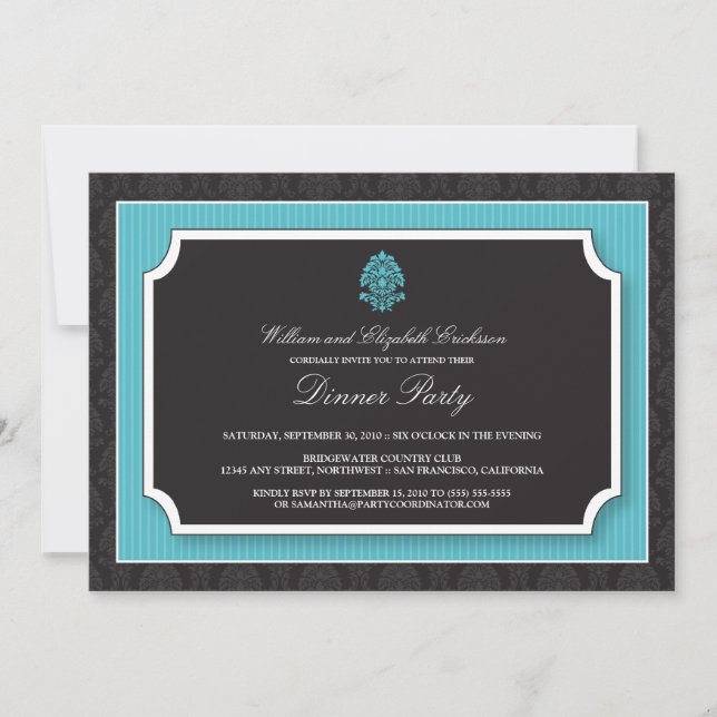 Elegante Damask Dinner Party Einladung (Aqua) (Vorderseite)