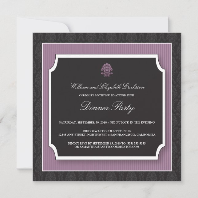 Elegante Damask Dinner Party Einladung (lila) (Vorderseite)